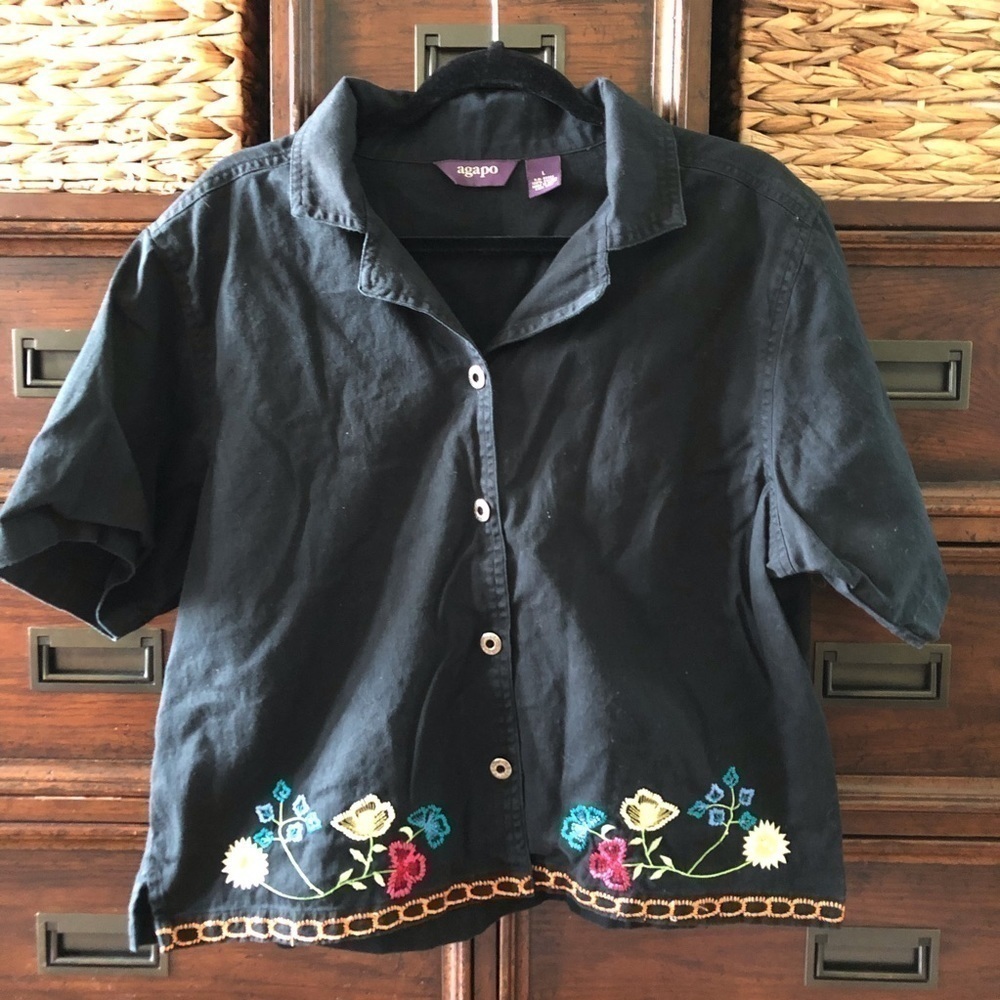 Vintage Agapo black short sleeve button top with neon embroidery in size L
